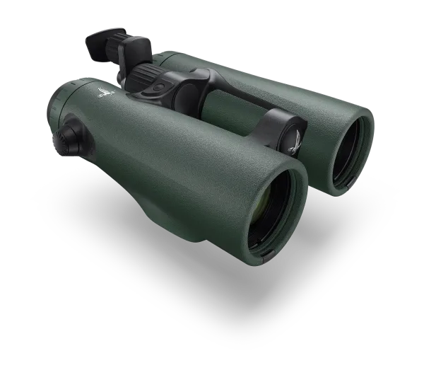 A diagonal view of Swarovski Optik green binoculars showcasing the textured surface, open-bridge design, and large objective lenses, with the Swarovski bird logo visible near the eyepiece.