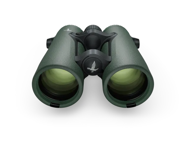 A front view of Swarovski Optik green binoculars featuring large, multi-coated lenses and an open-bridge design with the Swarovski logo prominently displayed.
