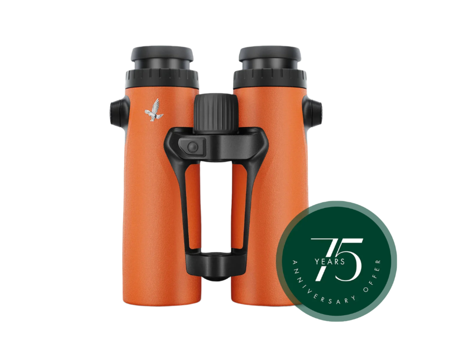A pair of bright orange Swarovski Optik binoculars with a central focus wheel and ergonomic bridge design, featuring a "75 Years Anniversary Offer" badge in the lower right corner.