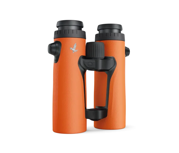 A rear view of Swarovski Optik orange binoculars featuring a sleek open-bridge design with textured focus and diopter adjustment knobs for precise control.