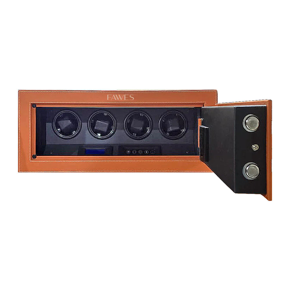 FAWES wall-mounted watch winder safe with a tan leather exterior and white stitching, featuring four watch holders, a digital display, touch control panel, and a side-open black door with dual locking bolts.