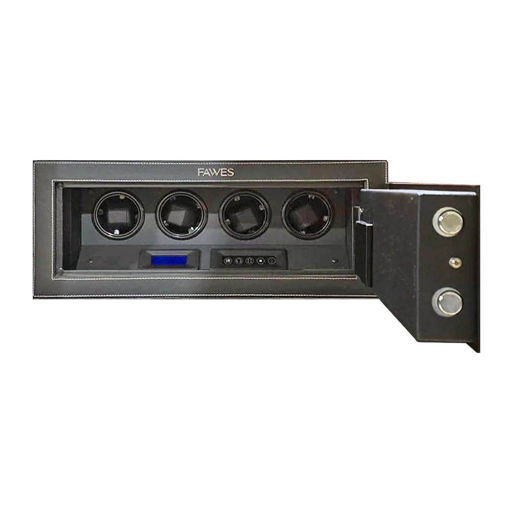 FAWES wall-mounted watch winder safe in black finish with white stitching, featuring four rotating watch holders, a digital control panel, and an open front door with dual locking bolts for added security.