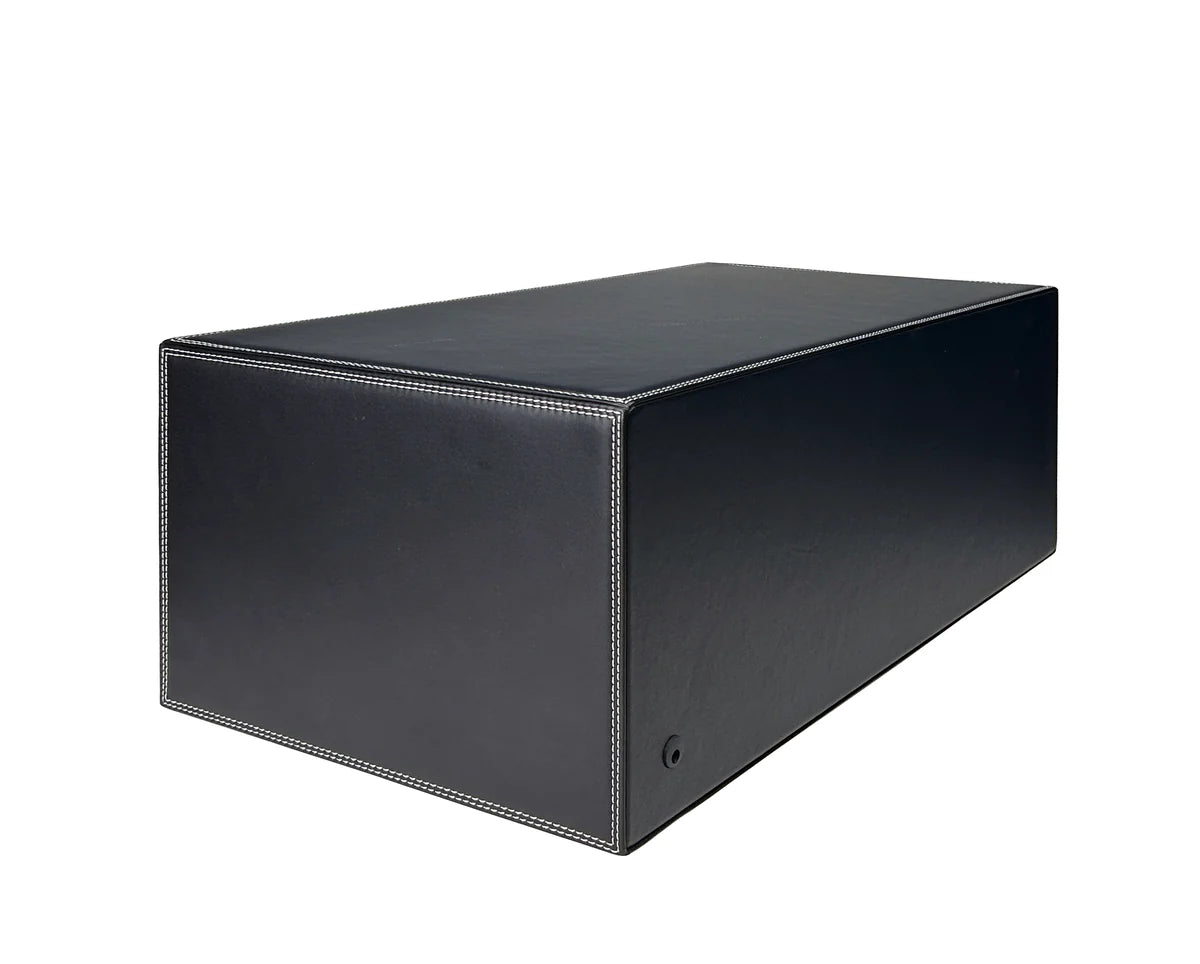 Rear angled view of a FAWES safe with a sleek black leather exterior, white contrast stitching, and a power port located on the lower back panel.