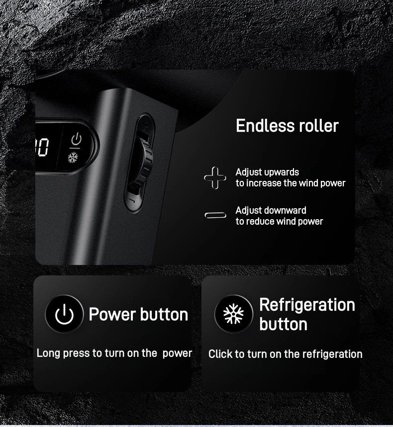 Endless Roller: Adjust upwards: Increases the wind power. Adjust downwards: Reduces the wind power. This roller allows for seamless adjustment of the fan's speed, giving users precise control over the airflow intensity. Power Button: Long press to turn on the power. This indicates that the fan is activated with a long press, ensuring that it doesn't accidentally turn on with a simple tap. Refrigeration Button: Click to turn on the refrigeration. This button likely activates an additional cooling function