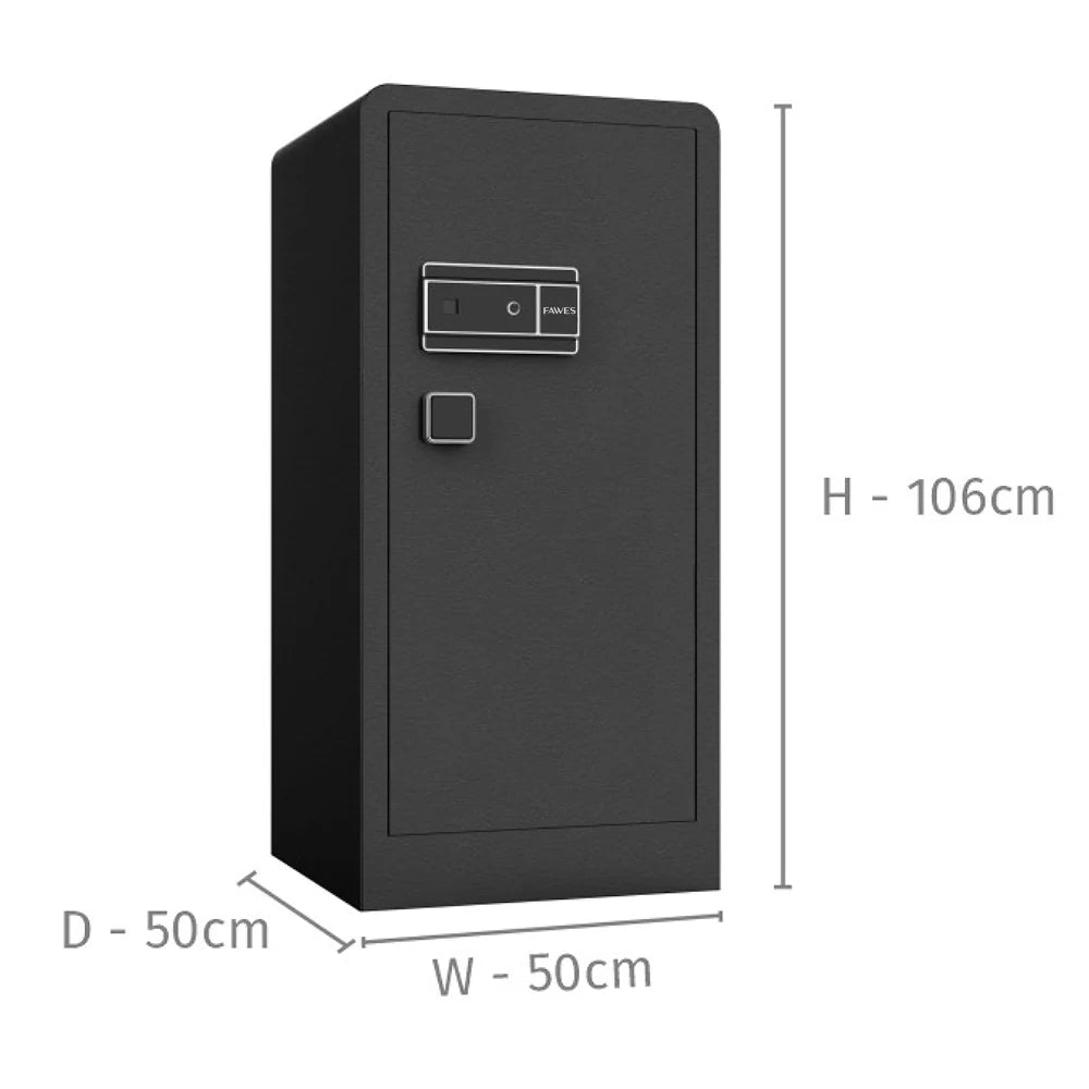 A black, rectangular safe with a simple and sleek design. It has a digital keypad and handle located on the front. The dimensions of the safe are indicated: height (H) is 106 cm, width (W) is 50 cm, and depth (D) is 50 cm.