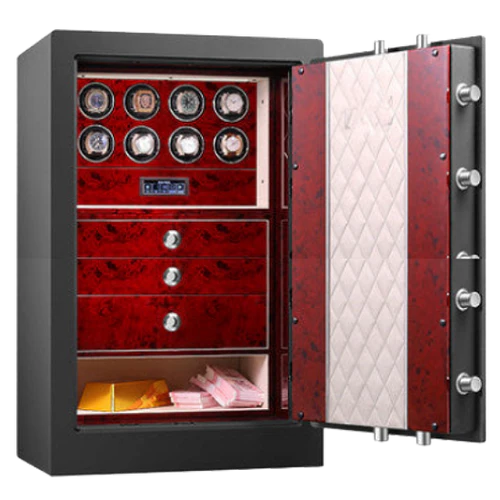 A large, secure safe with an open door displaying a luxurious interior. The inside features a glossy red finish and is equipped with multiple compartments. The top section includes eight watch winders, with a control panel located below them. The middle section has three drawers with metallic handles. The bottom section stores stacks of cash and a gold bar. The interior of the door is quilted in a white pattern with visible locking bolts.