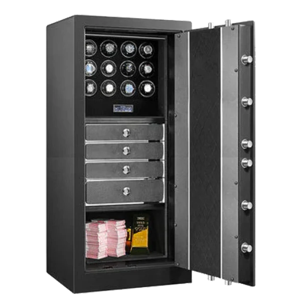 A large, open safe featuring a sleek black and silver interior. The top section has twelve watch winders with a digital control panel below them. The middle section includes four drawers with metallic handles for organized storage. The bottom section contains stacks of cash and a gold bar. The interior of the door is quilted with a black pattern and features visible locking bolts, highlighting the safe's combination of security and style.