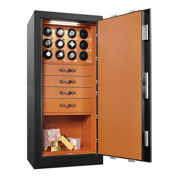 A large, open safe with a black exterior and a vibrant orange interior. The top section features twelve watch winders, some holding watches. Below the watch winders are four drawers with elegant handles for organized storage. The bottom section contains stacks of cash and several gold bars. The interior of the door is also orange, with visible locking bolts, highlighting both security and style.
