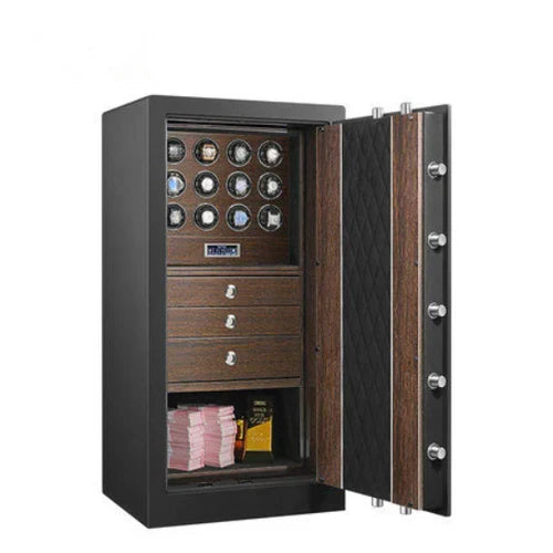 A large, open safe with a black exterior and a wood-grain interior. The top section features eight watch winders with a digital control panel below them. The middle section includes three wooden drawers with sleek metallic handles. The bottom section contains stacks of cash and a gold bar. The interior of the door is black with a quilted pattern and visible locking bolts, emphasizing both security and elegance.