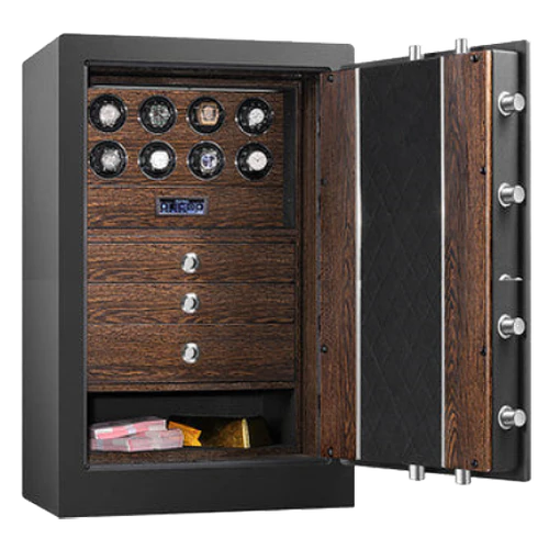 A luxurious watch safe stands open, revealing its elegant interior. The inside is lined with dark wood and features two rows of watch winders, each capable of holding and winding multiple watches. Below the watch winders are three drawers with chrome knobs for additional storage.