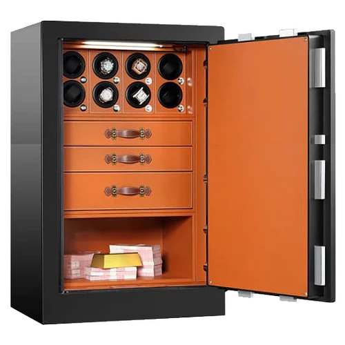 An elegant watch safe stands open, revealing its luxurious interior. The inside is lined with a rich orange-brown finish and features multiple rows of watch winders, each capable of holding and winding several watches.