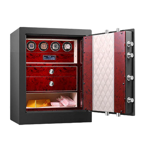 An elegant watch safe stands open, revealing its luxurious interior. The inside is lined with a rich red wood finish and features a row of watch winders, each capable of holding and winding multiple watches. Below the watch winders are two drawers with chrome knobs for additional storage