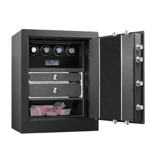 A sophisticated watch safe stands open, revealing its sleek and modern interior. The inside features a row of watch winders, each capable of holding and winding multiple watches. Below the watch winders are two drawers with chrome knobs for additional storage.