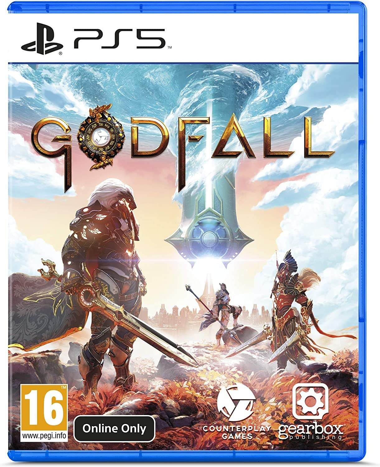 This is the cover art for *Godfall* on the PS5, showcasing an epic fantasy world. The cover features three armored warriors, each wielding unique weapons, standing in a vibrant and mystical environment. In the background, a monumental, glowing tower rises into the sky, and the atmosphere is filled with a sense of grandeur and adventure. The game is published by Gearbox Publishing and developed by Counterplay Games, indicated by the logos on the lower part of the cover. The age rating is 16+, and it specifie