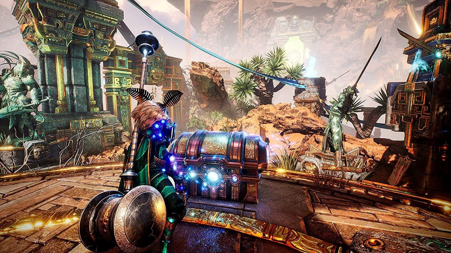 This image depicts an elaborate fantasy setting where a character clad in otherworldly armor kneels in front of an ornate, glowing treasure chest. The character appears to be holding a massive hammer or weapon, and the headgear and glowing blue accents on their armor give them a futuristic or mystical appearance. Surrounding the scene are richly decorated structures adorned with carvings, statues, and vibrant colors, blending ancient architectural elements with a magical atmosphere. The background features
