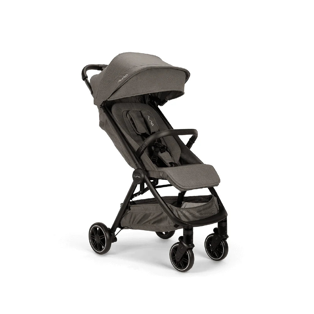 Nuna stroller featuring a compact frame, adjustable canopy, padded seat with harness, bumper bar, and a spacious under-seat storage basket for convenience.