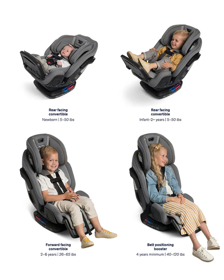 Four-stage convertible car seat shown in rear-facing for newborns and infants, forward-facing for toddlers, and belt-positioning booster for older children.