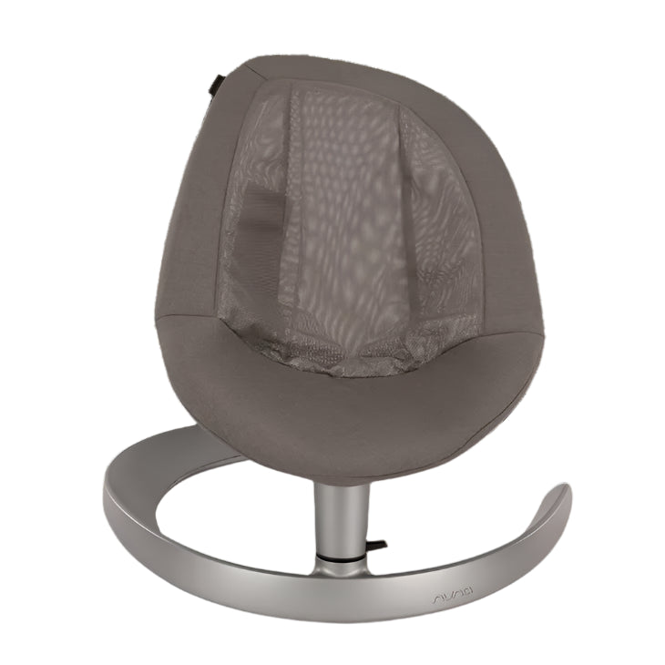 Front view of a modern baby rocker with a breathable mesh seat in a taupe color and a curved silver metal base, designed for comfort and ventilation.