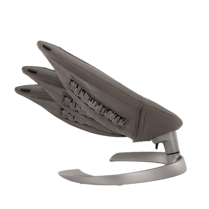 Side view of a modern baby rocker in gray showing multiple reclining positions with a sleek metal base and breathable mesh sides.