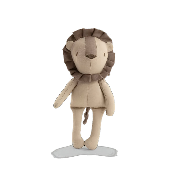 A soft beige plush lion toy featuring a dark brown mane, stitched facial details, and a hanging loop on top, designed for use with a baby mobile or play gym.