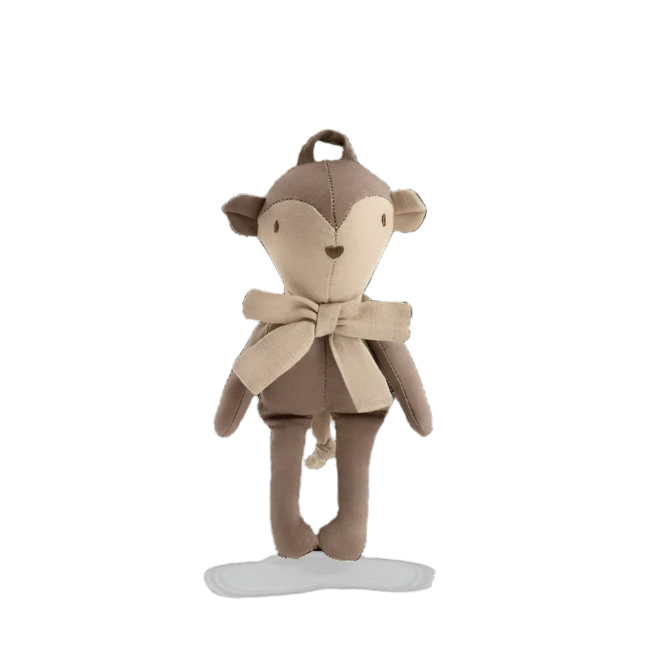 A soft brown and beige plush monkey toy with a stitched heart-shaped nose, button eyes, a bow around its neck, and a loop on top for hanging, designed for a baby mobile.