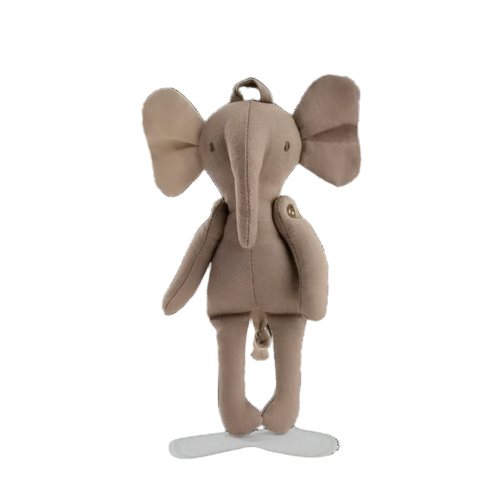 A soft, brown plush elephant toy with large floppy ears, a long trunk, and a loop on top for hanging, designed as part of a baby mobile set.