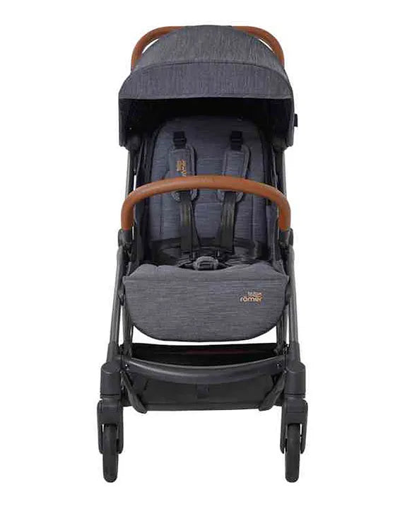 Front view of a dark grey baby stroller featuring a padded seat with harness straps, a brown leatherette safety bar, and a canopy for sun protection.
