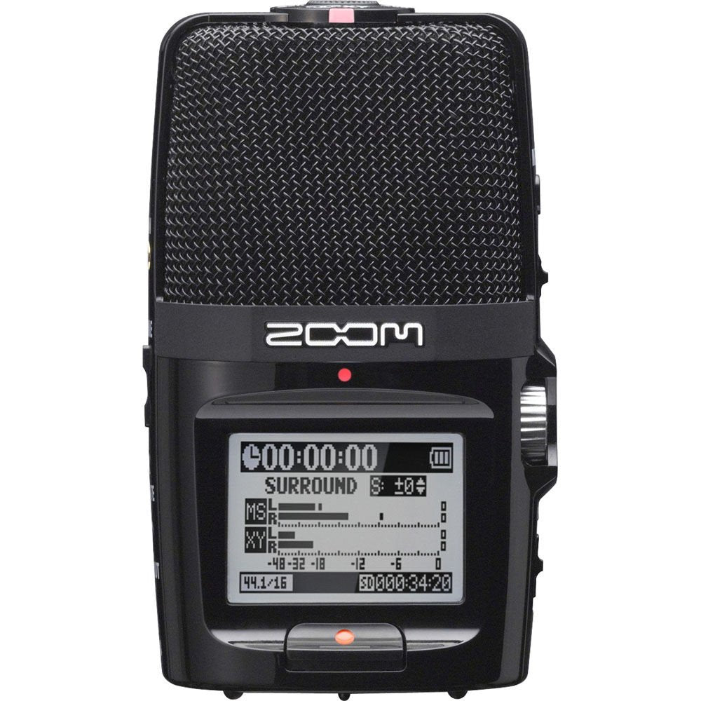 Close-up view of the Zoom H2n Handy Recorder, featuring a prominent front microphone grille and a large LCD screen displaying recording information and audio levels.