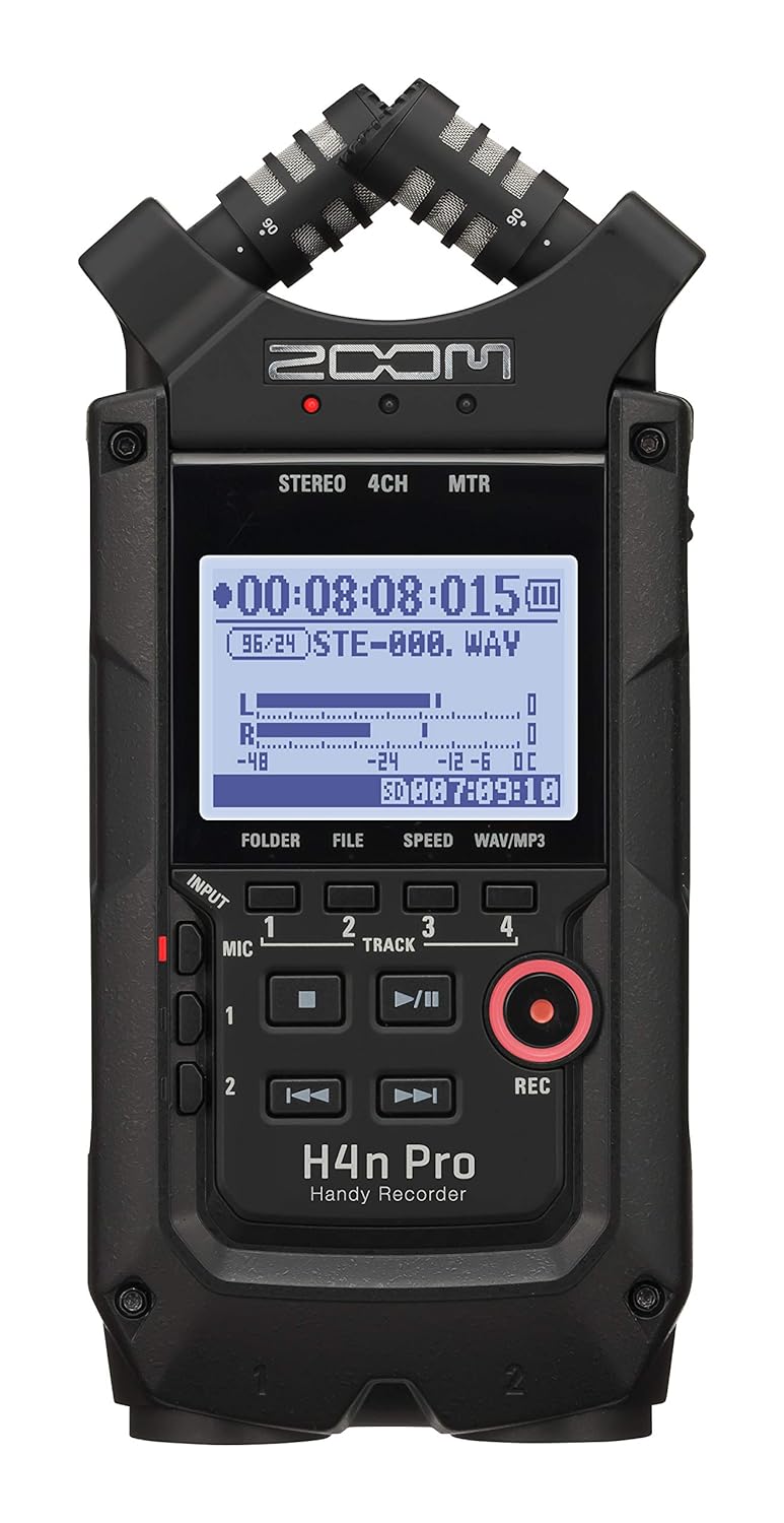 A Zoom H4n Pro Handy Recorder, a portable audio recording device, shown with built-in XY stereo microphones positioned at the top. The device features a black body with various control buttons, including a red record button, a small speaker, and an LCD screen displaying recording information and audio levels. The screen shows detailed information like the recording time, format, and levels. The recorder is designed for high-quality audio capture, suitable for field recording, music, and podcasting.