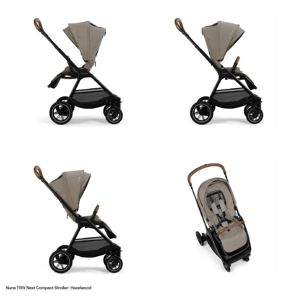This image displays a beige Nuna stroller in four configurations: two side views showing adjustable recline and footrest positions, one front-facing view, and one compact folded view for easy transport.