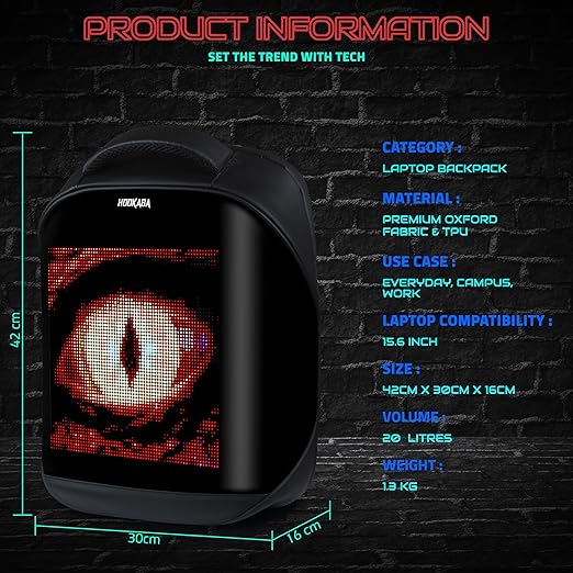 Hookaba Tech Trend LED Backpack 20L | Smart Display Bag | App Controlled,