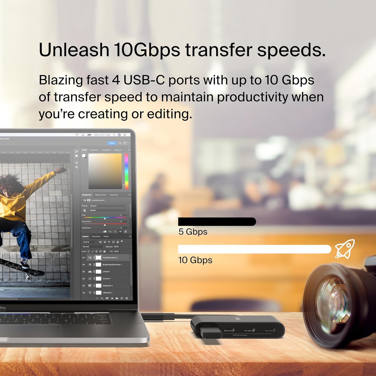 Here’s the alt text for the new image:
"USB-C hub with 10Gbps transfer speed, featuring 4 high-speed ports for fast data transfers, ideal for content creators and editors."