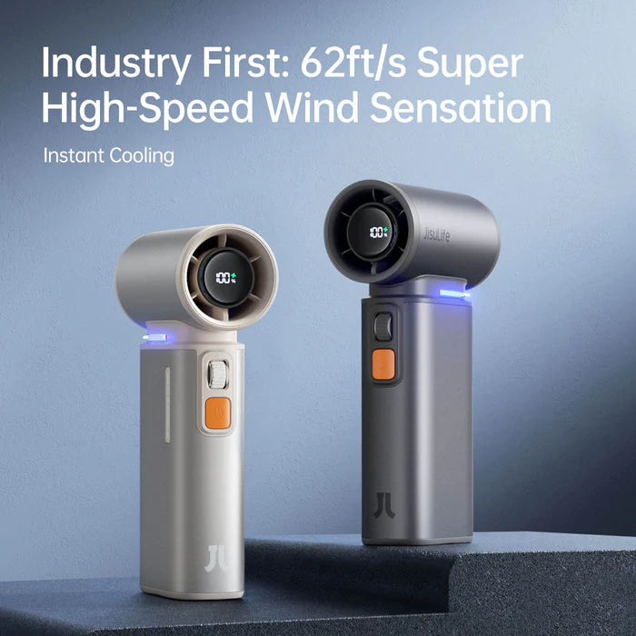 Jisulife handheld fan with industry-leading 62ft/s high-speed wind for instant cooling, available in two sleek designs.
