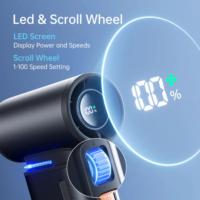 Jisulife portable fan featuring an LED screen for power and speed display, and a scroll wheel with 1-100 speed settings for precise airflow control.