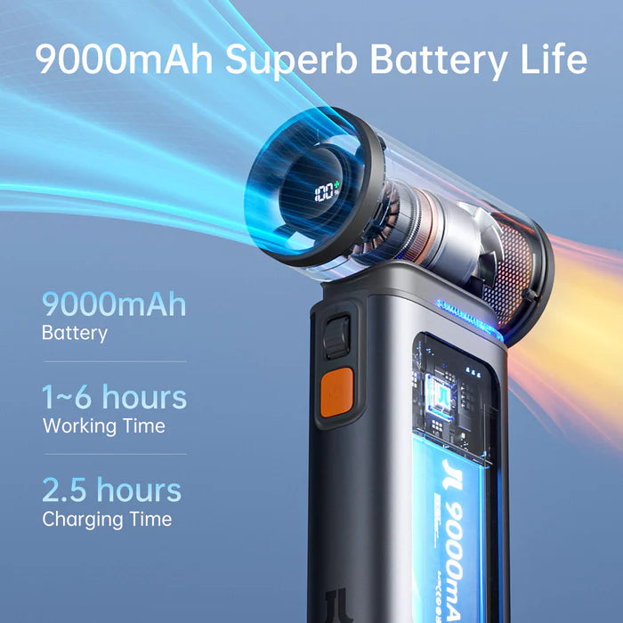 Jisulife portable fan with 9000mAh battery, providing 1-6 hours of working time and 2.5 hours of charging time, designed for extended use and quick recharge.