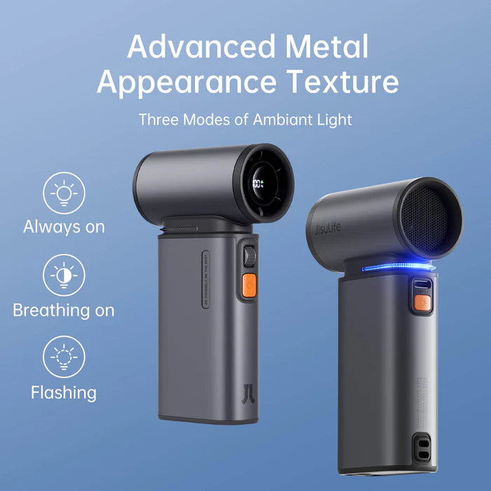 Jisulife portable fan with advanced metal texture, featuring three ambient light modes: always on, breathing, and flashing, for a sleek and modern look.