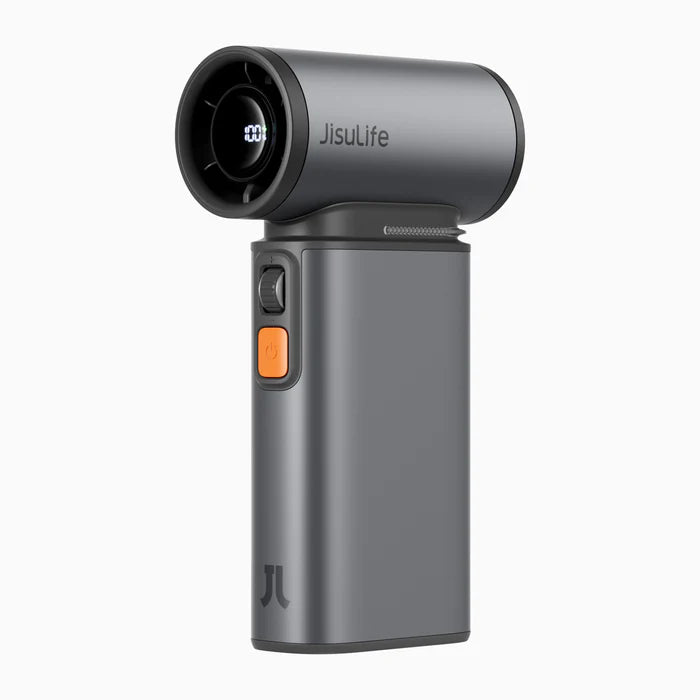 Jisulife portable handheld bladeless fan in sleek grey design with power button and compact body for easy cooling on the go.