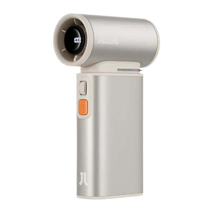 Jisulife portable handheld fan with sleek aluminum finish, featuring a compact design for easy portability and use on the go.