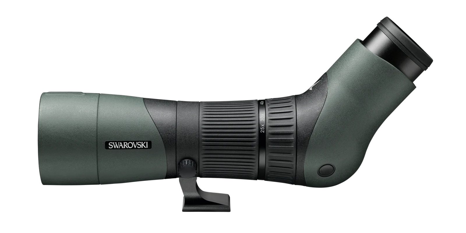 A side profile of a Swarovski Optik spotting scope featuring a textured focus adjustment ring, angled eyepiece, and a green and black body with the Swarovski logo prominently displayed.