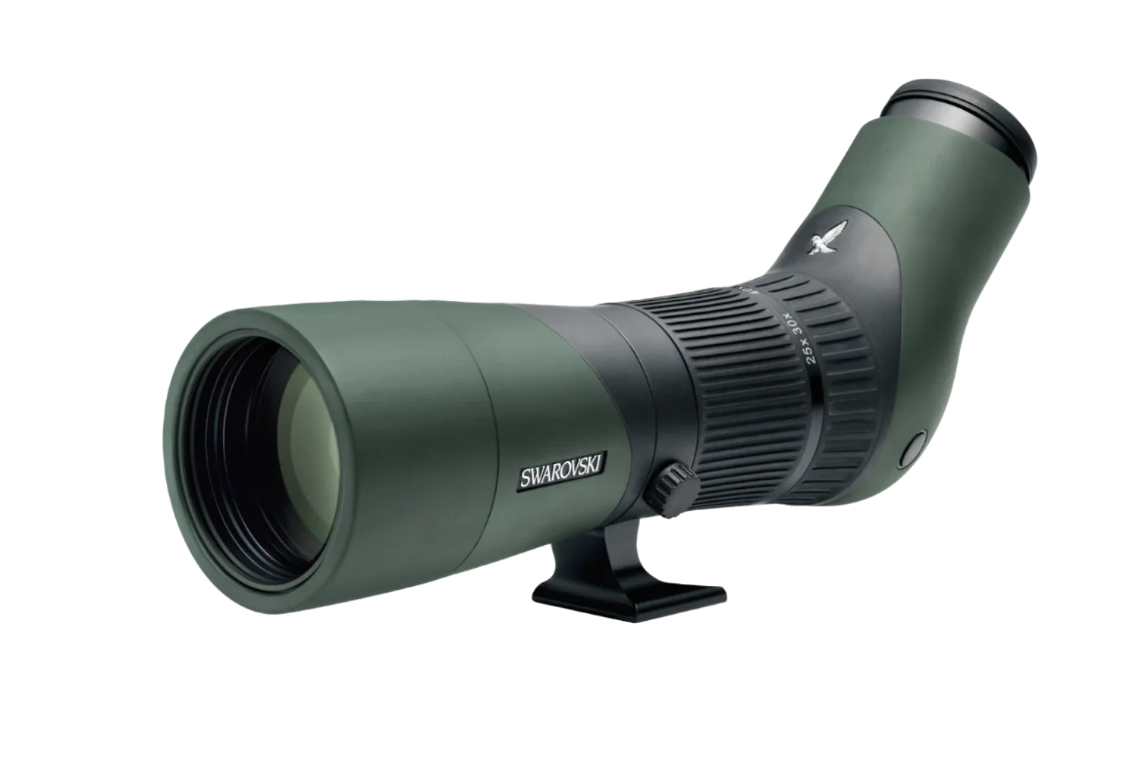 An angled view of a Swarovski Optik spotting scope, highlighting its green and black body with a textured focus ring, mounted on a sturdy black tripod adapter.