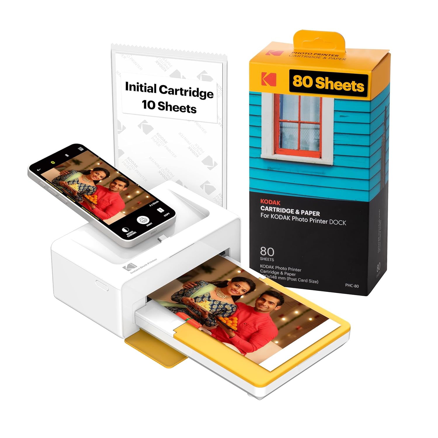 This image highlights the Kodak Photo Printer Dock bundle, including the printer, an initial cartridge with 10 sheets, and an additional cartridge and paper set with 80 sheets. The printer is demonstrated printing a high-quality photo, emphasizing its compatibility with smartphones for direct photo printing. The packaging and design make it clear that this is an all-in-one solution for instant photo printing with ease. The vibrant imagery and packaging enhance the visual appeal, showcasing its user-friendly