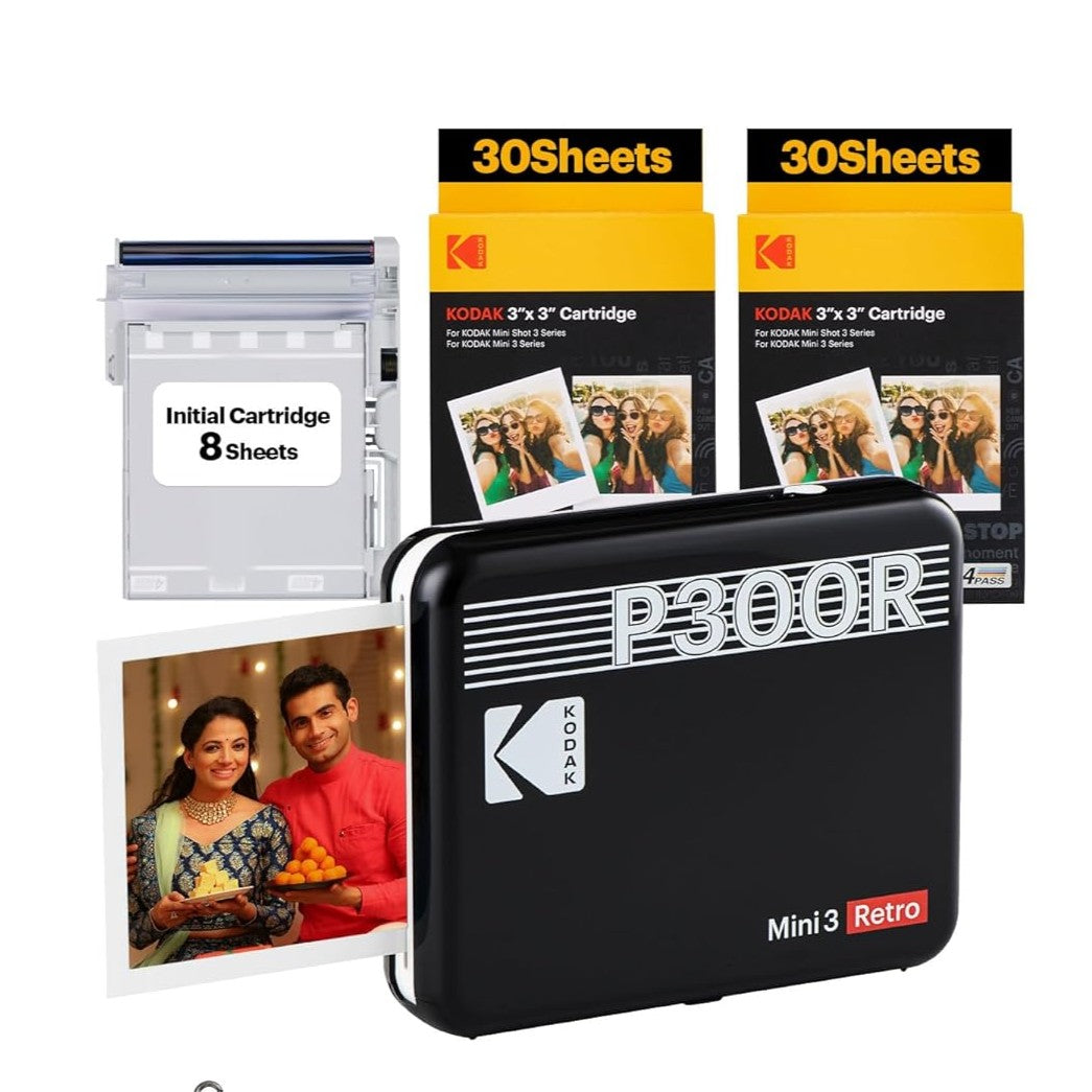 **Kodak Mini 3 Retro P300R Printer Bundle**: Includes 8-sheet initial cartridge, two 30-sheet cartridges, and the printer. Prints high-quality, 3"x3" square photos with vibrant colors and smudge-proof finish. Perfect for instant memories!