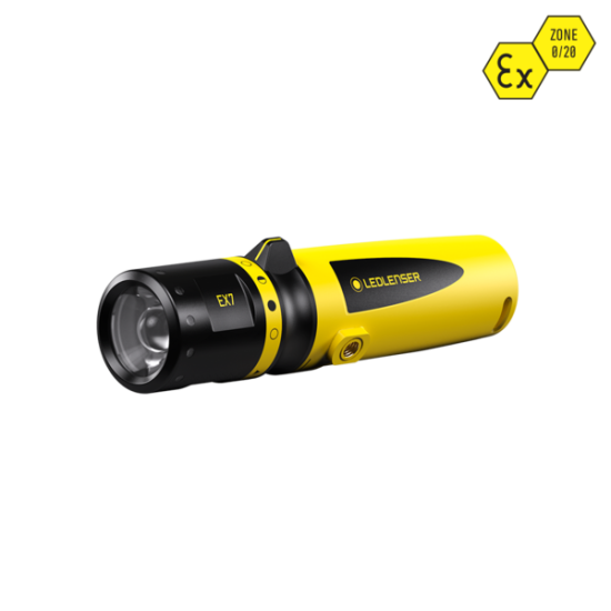 The LEDLenser EX7 flashlight, shown in the image, is designed for use in hazardous environments, with an ATEX certification for Zone 0/20. This makes it suitable for use in areas with a high risk of explosive atmospheres.