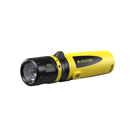 The LEDLenser EX7R flashlight, depicted in the image, is designed for hazardous environments and boasts an ATEX certification. It's a rechargeable model, offering robust construction, reliable performance, and safety features ideal for explosive atmospheres.