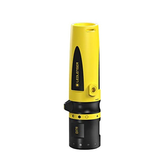 A yellow and black LEDLenser flashlight, model EX7R, standing upright. The flashlight features a cylindrical design with a button near the top and the LEDLenser logo printed on the side. The bottom part is black, contrasting with the bright yellow top.