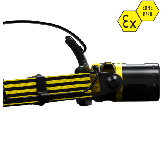 A side view of a LEDLenser yellow and black headlamp, showcasing its adjustable strap and secure fastening mechanism. The headlamp is labeled as "Intrinsically Safe" with a certification for Zone 0/20, indicating its suitability for use in hazardous environments.