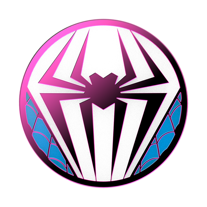 A top-down view of a PopSocket phone grip featuring a Spider-Man inspired design. The design consists of a stylized white spider emblem on a pink background with blue accents on the sides. The circular surface showcases the vibrant colors and striking emblem prominently.