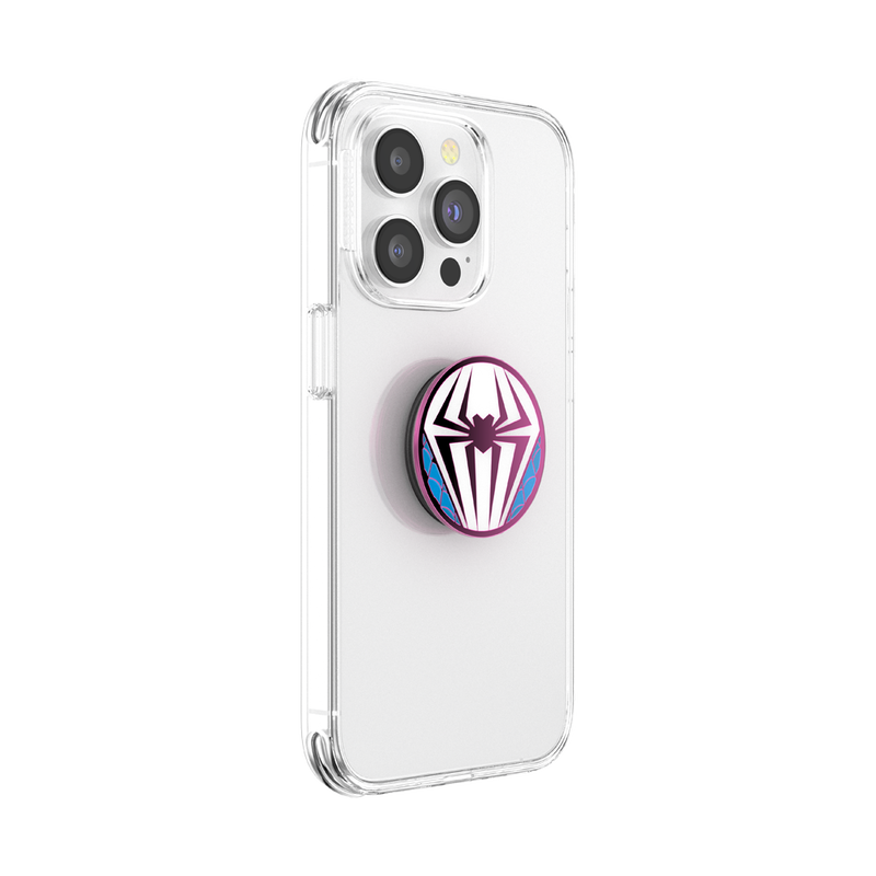 A clear smartphone case with a PopSocket phone grip attached to its back. The PopSocket is in a collapsed state and features a Spider-Man inspired design with a stylized white spider emblem on a pink background with blue accents on the sides. The phone's camera and flash are visible at the top left corner. The phone itself appears to be white.