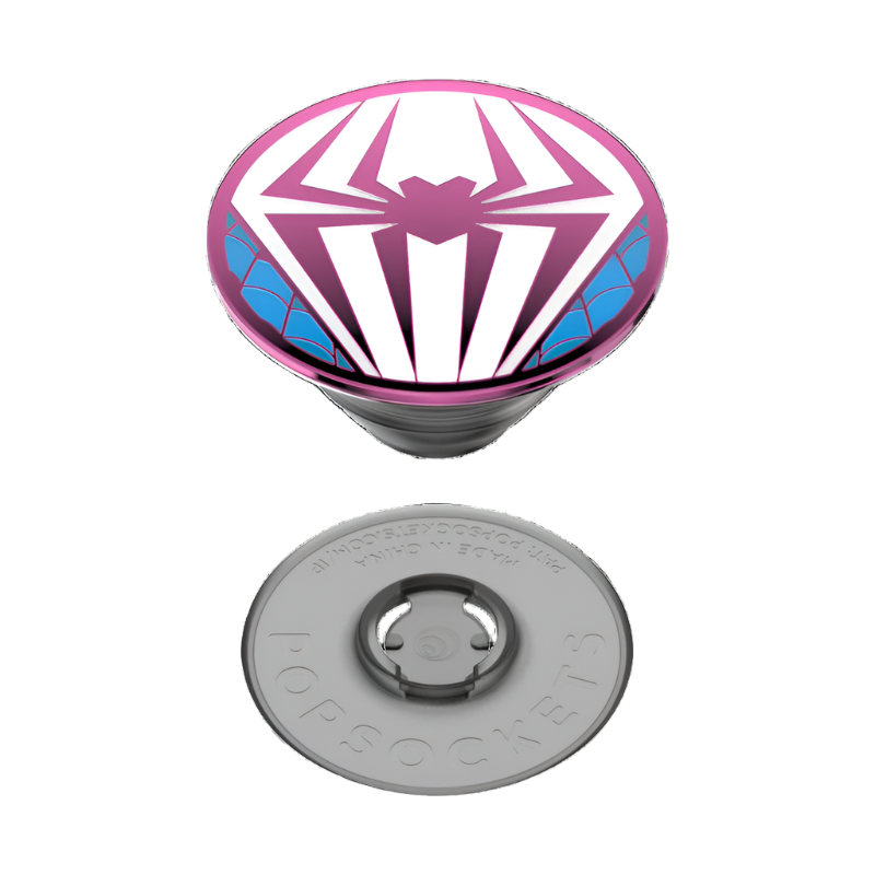 A PopSocket phone grip in an expanded state featuring a Spider-Man inspired design with a stylized white spider emblem on a pink background with blue accents on the sides. Below the expanded PopSocket is its detachable gray base, which has the word "POPSOCKETS" embossed on it. The base shows the attachment mechanism, highlighting the PopSocket's detachable nature.