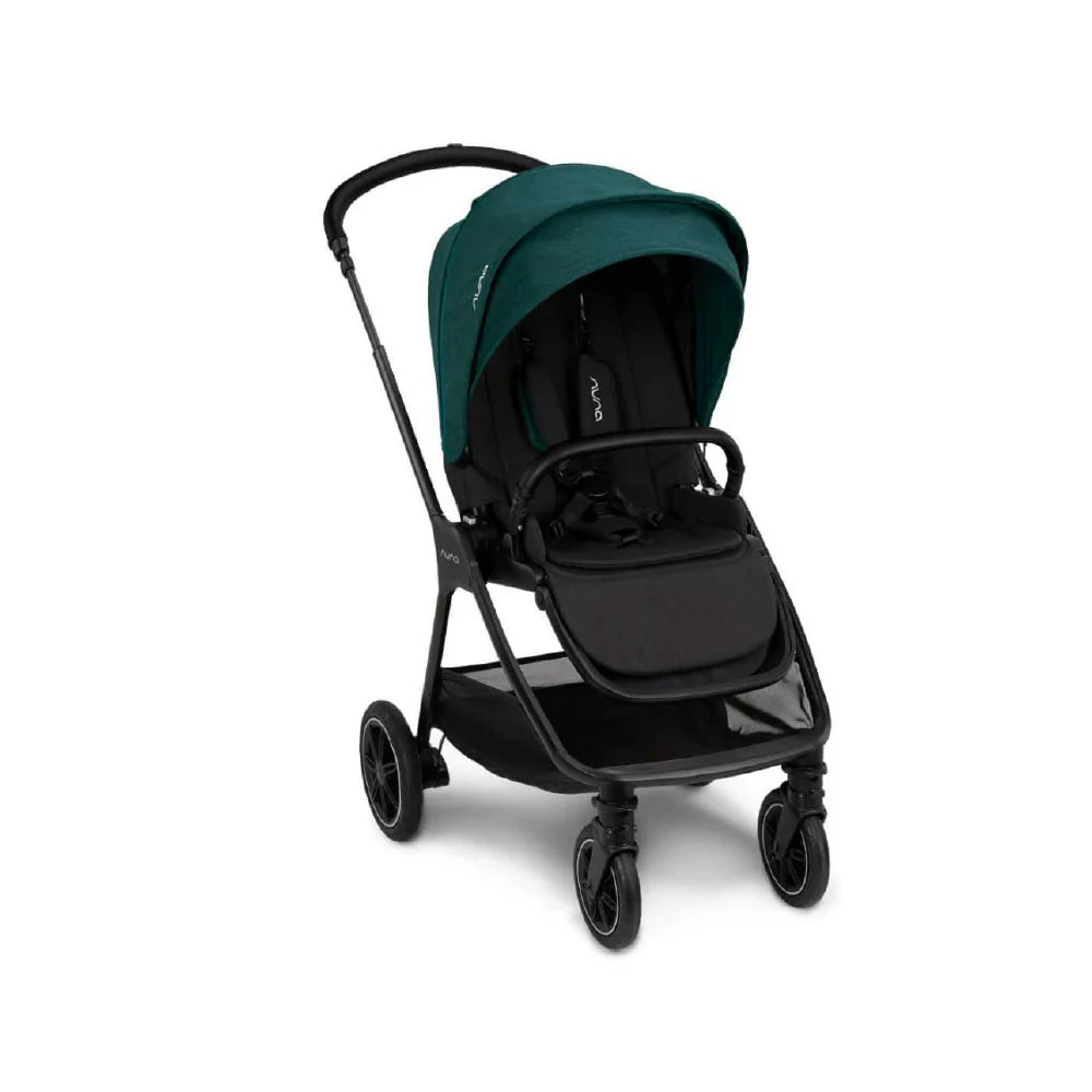 This image shows a Nuna stroller in green and black with a large storage basket, padded seat, adjustable canopy, and front swivel wheels for easy maneuverability.